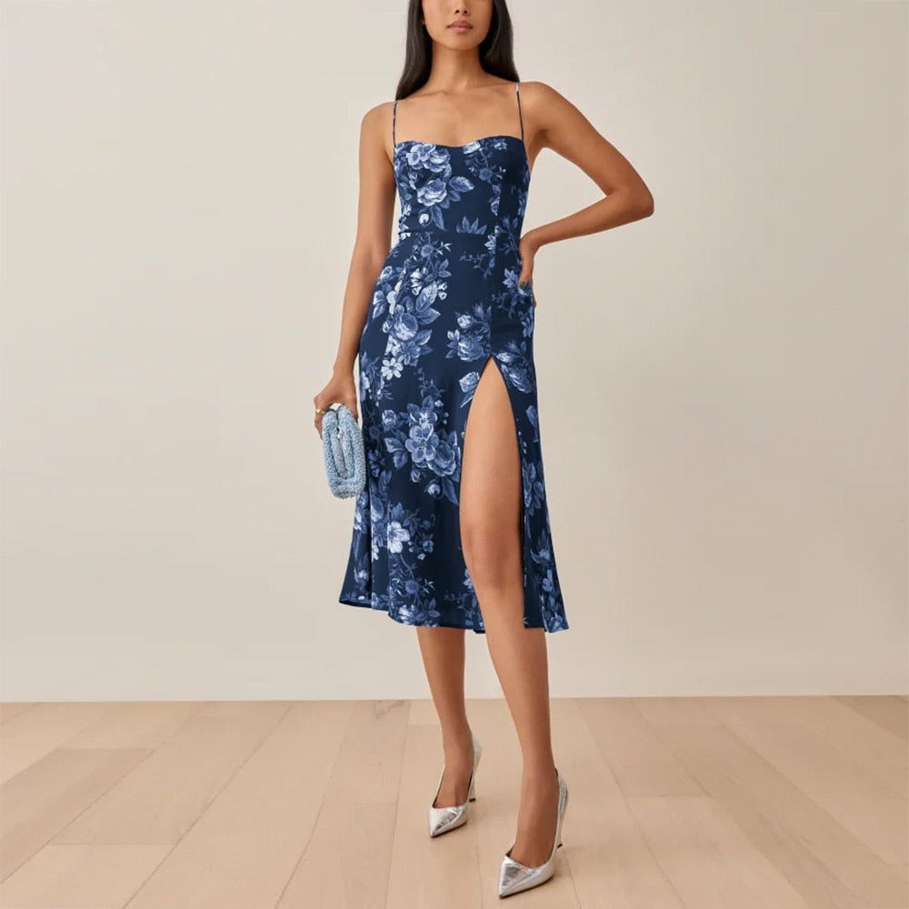 Elegant Vintage Floral Print Dress Sweetheart Neck Spaghetti Strap Midi Dress With Slit Sundress