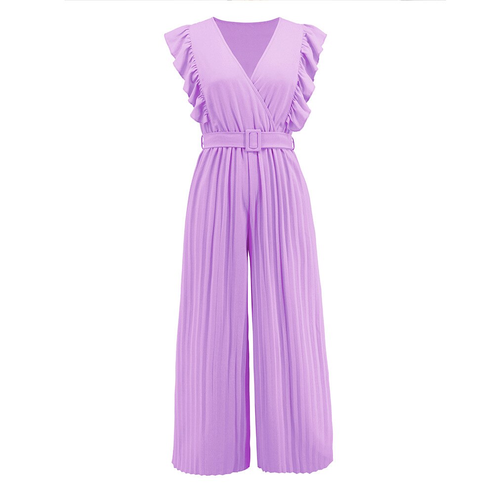 Slim Rompers Sleeveless Ruffle V-neck Pleated Women Jumpsuit