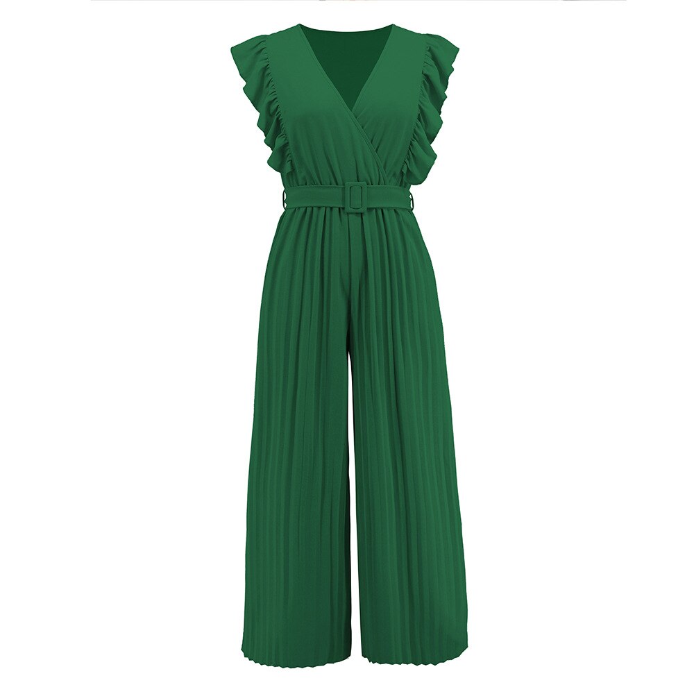 Slim Rompers Sleeveless Ruffle V-neck Pleated Women Jumpsuit