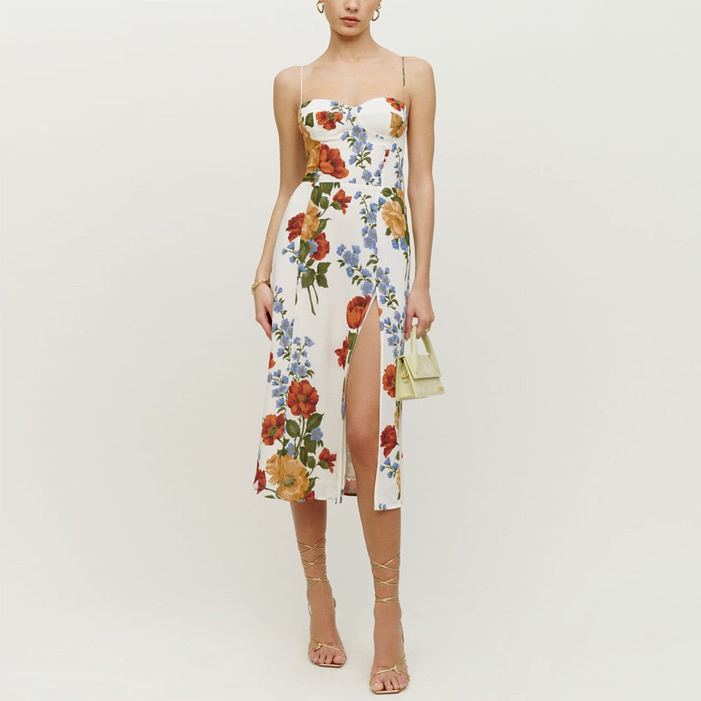 Elegant Vintage Floral Print Dress Sweetheart Neck Spaghetti Strap Midi Dress With Slit Sundress