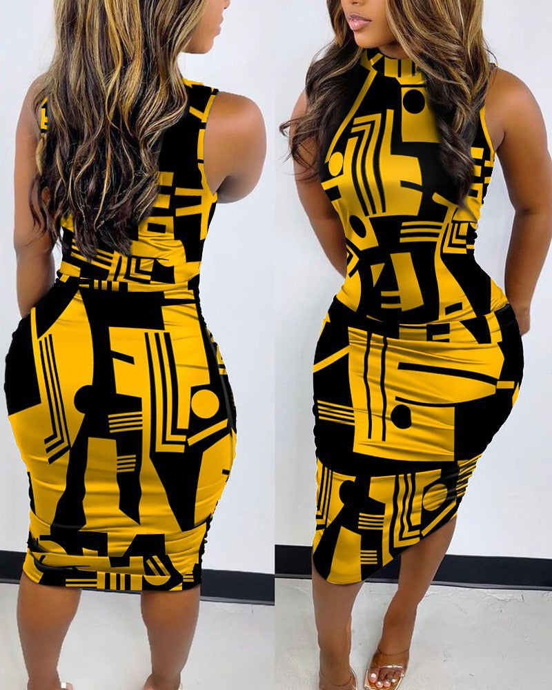 Women Fashion Printed Slim Sleeveless Round Neck Dresses