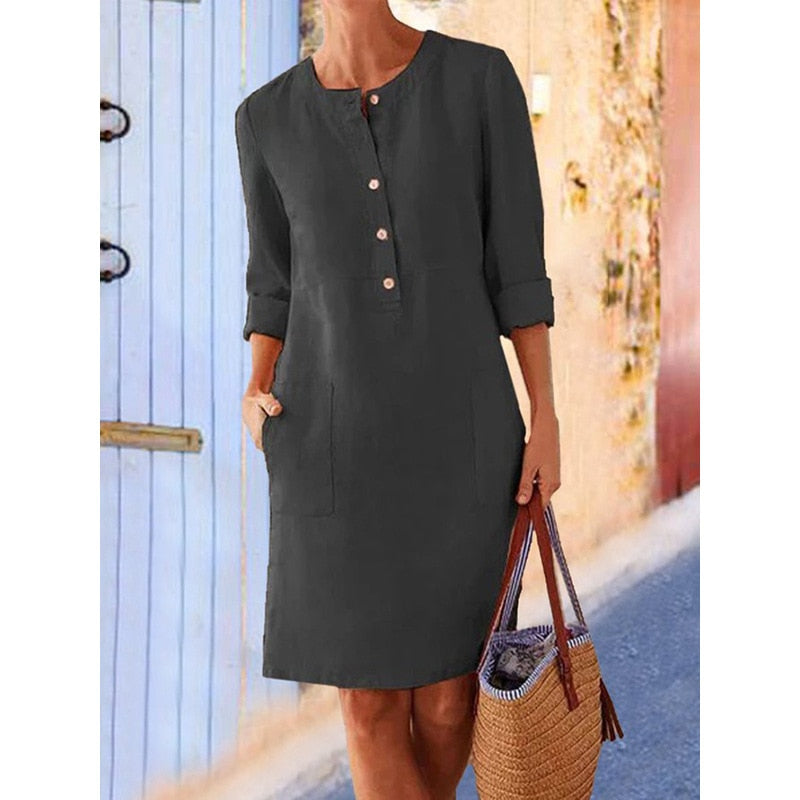 Long Sleeve Cotton and Linen Tunic Dress ``