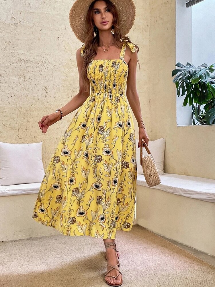 Floral Long Dress Women  Backless Sleeveless Bandage Beach Sundress