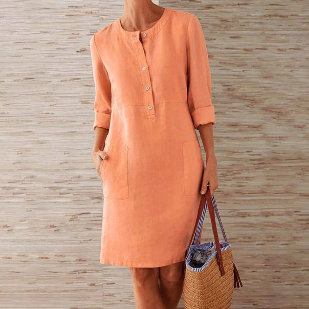 Long Sleeve Cotton and Linen Tunic Dress ``