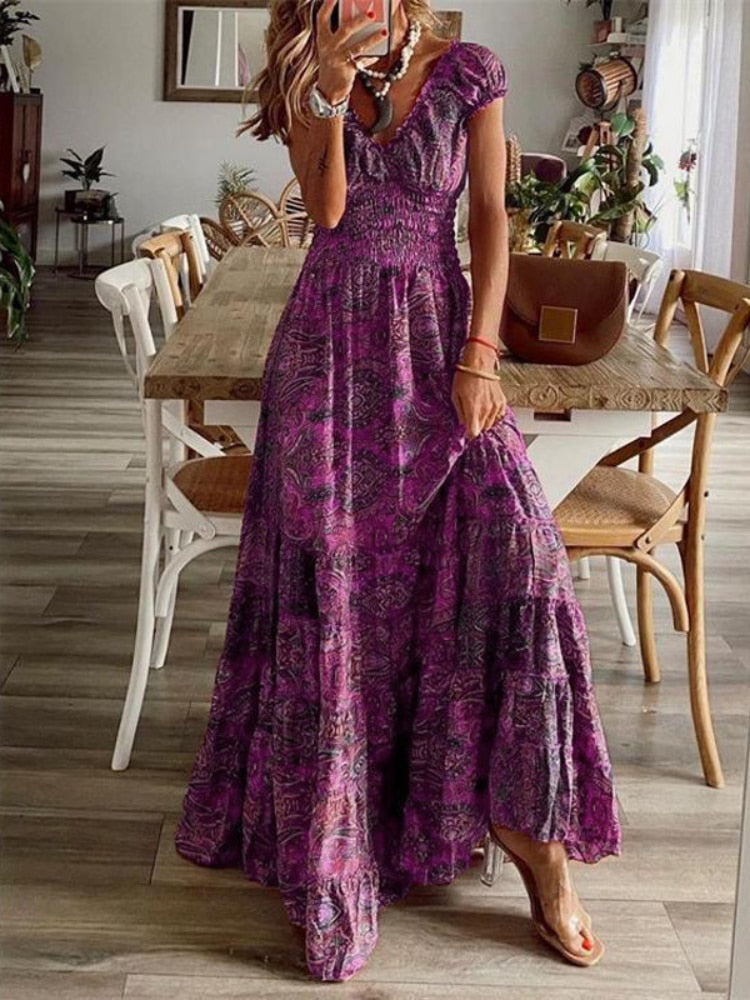 New Print Dress V-Neck Short Sleeve Long Dresses Bohemian Style