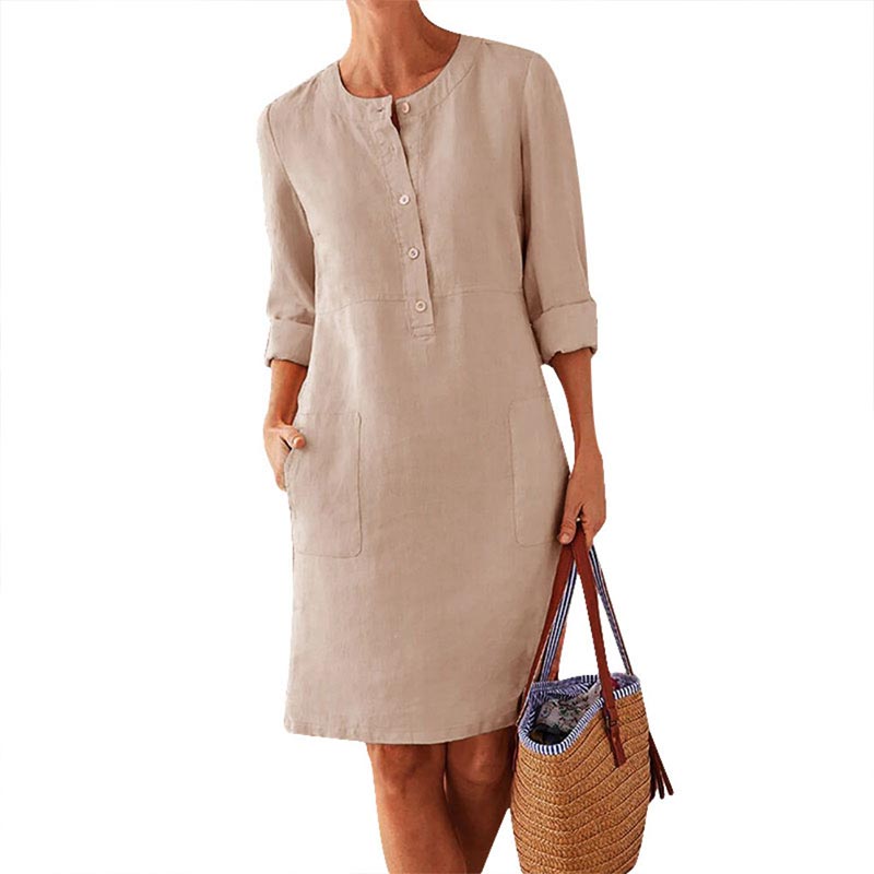 Long Sleeve Cotton and Linen Tunic Dress ``