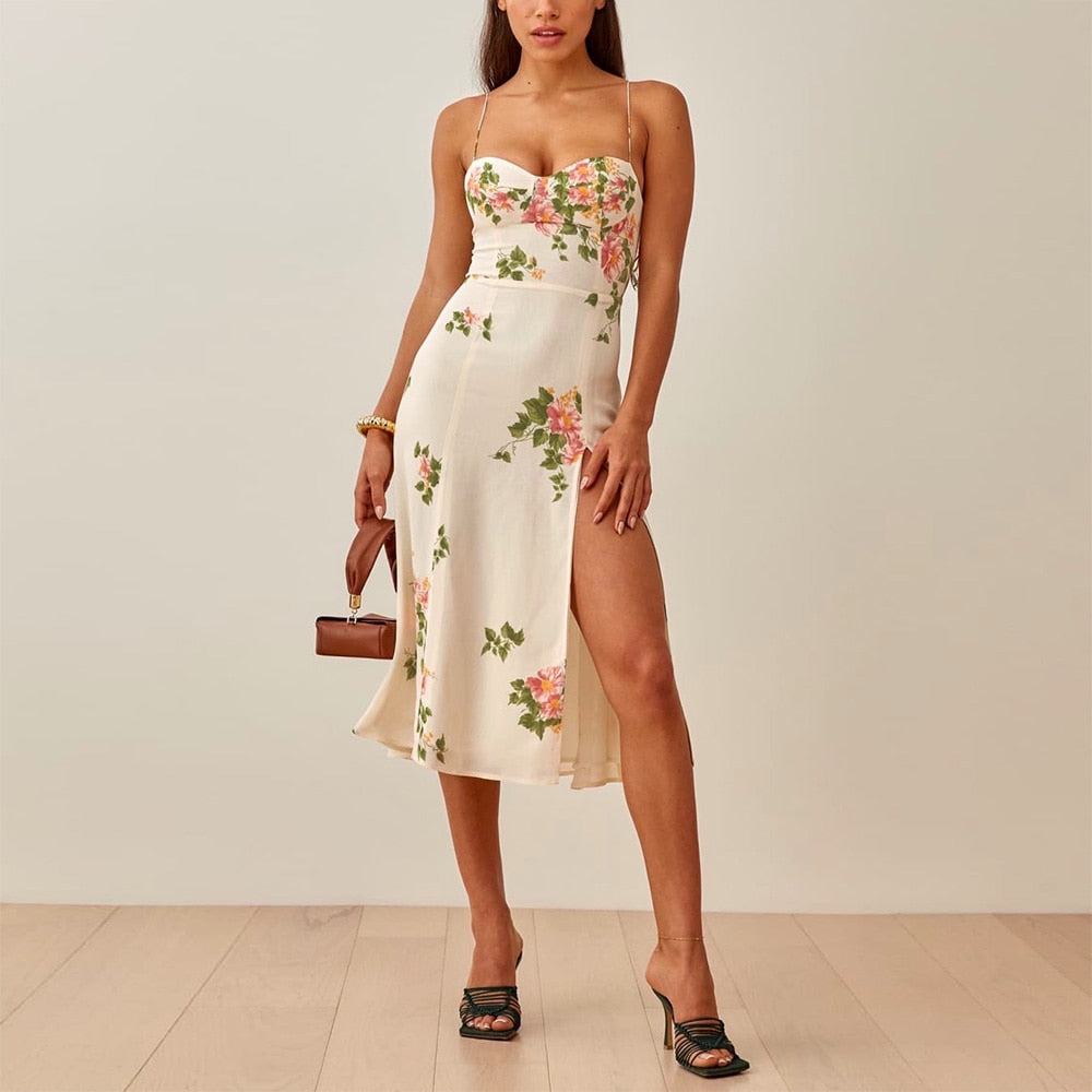 Elegant Vintage Floral Print Dress Sweetheart Neck Spaghetti Strap Midi Dress With Slit Sundress