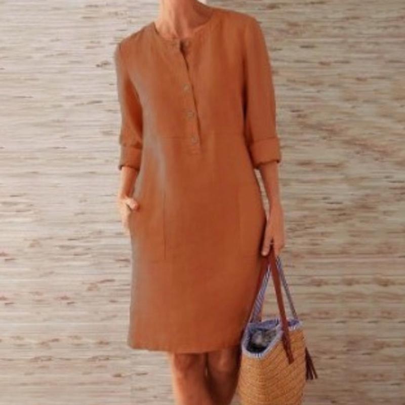 Long Sleeve Cotton and Linen Tunic Dress ``