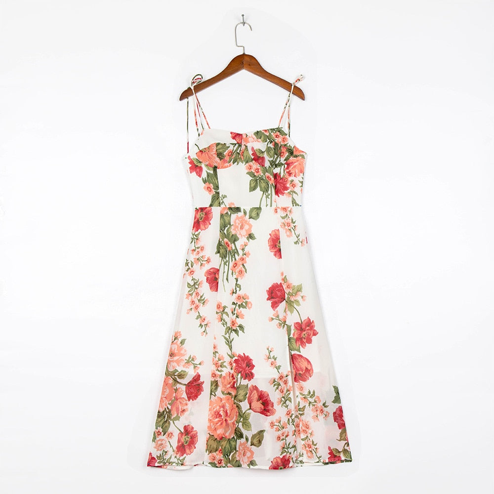 Elegant Vintage Floral Print Dress Sweetheart Neck Spaghetti Strap Midi Dress With Slit Sundress