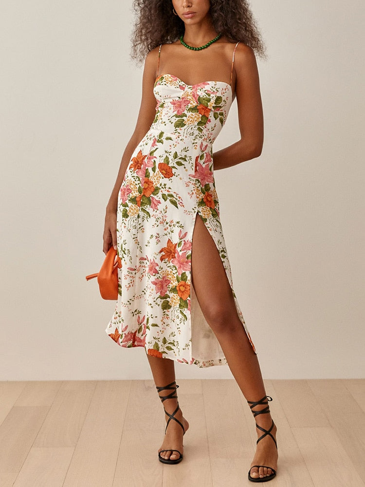 Elegant Vintage Floral Print Dress Sweetheart Neck Spaghetti Strap Midi Dress With Slit Sundress