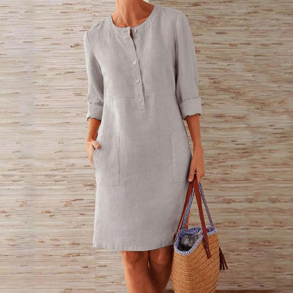 Long Sleeve Cotton and Linen Tunic Dress ``