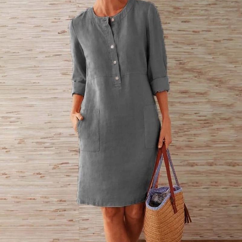 Long Sleeve Cotton and Linen Tunic Dress ``