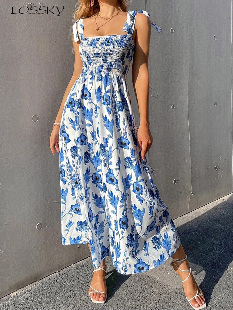 Floral Long Dress Women  Backless Sleeveless Bandage Beach Sundress