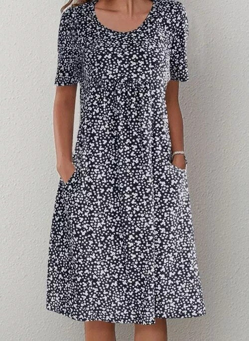 Casual Loose Floral Print Short Sleeve Midi Dress