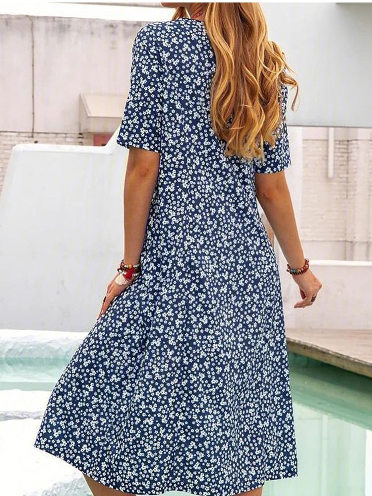 Casual Loose Floral Print Short Sleeve Midi Dress