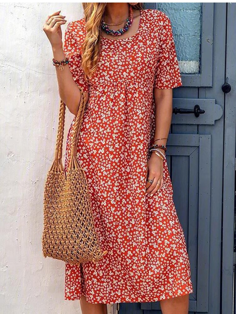 Casual Loose Floral Print Short Sleeve Midi Dress