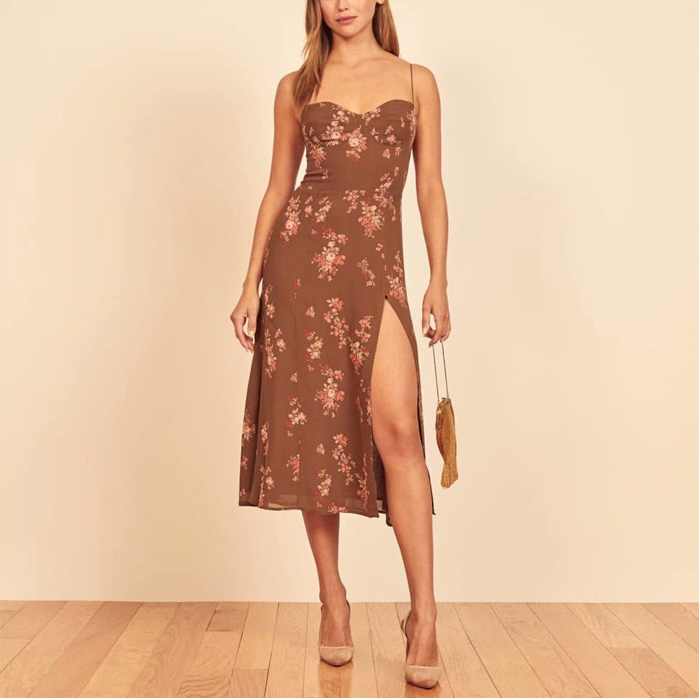 Elegant Vintage Floral Print Dress Sweetheart Neck Spaghetti Strap Midi Dress With Slit Sundress