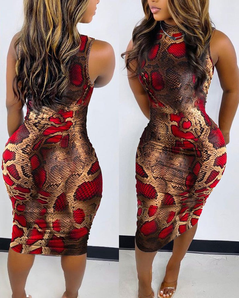 Women Fashion Printed Slim Sleeveless Round Neck Dresses