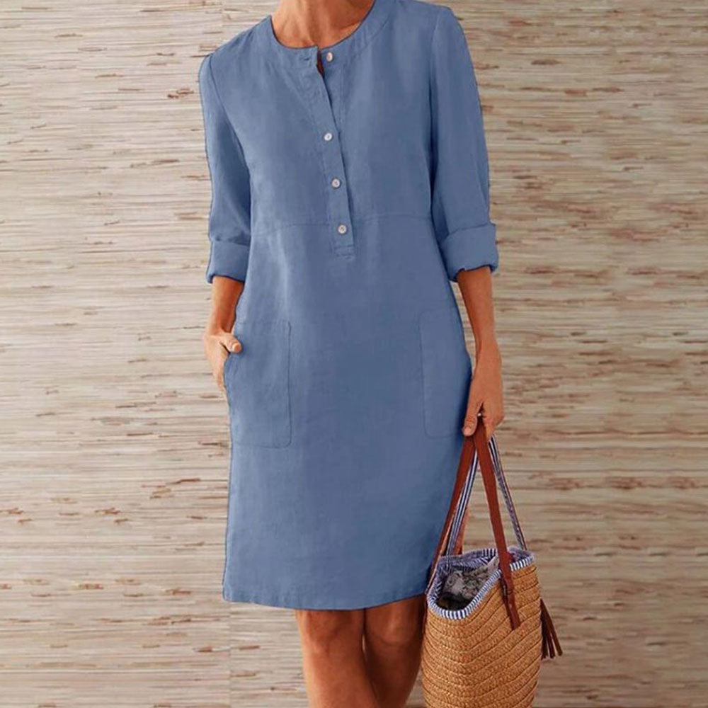 Long Sleeve Cotton and Linen Tunic Dress ``