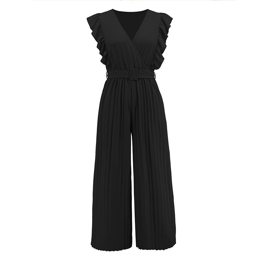 Slim Rompers Sleeveless Ruffle V-neck Pleated Women Jumpsuit