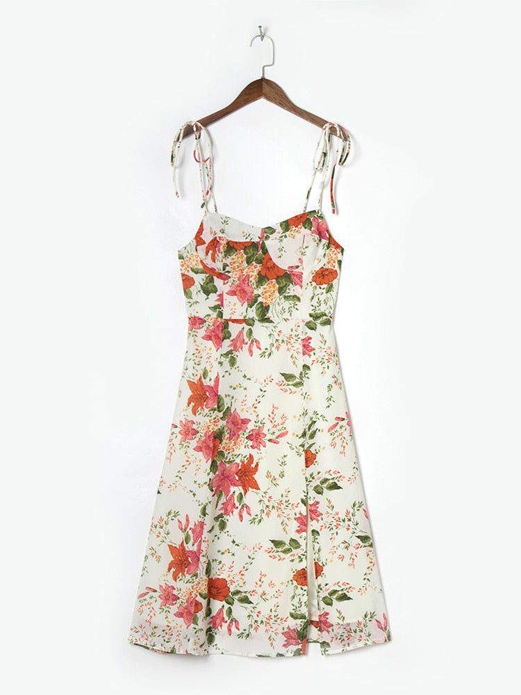 Elegant Vintage Floral Print Dress Sweetheart Neck Spaghetti Strap Midi Dress With Slit Sundress