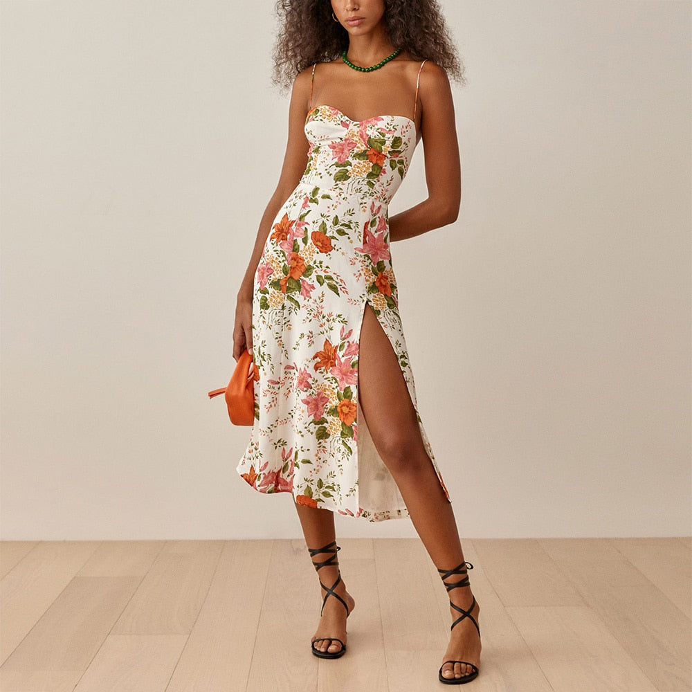 Elegant Vintage Floral Print Dress Sweetheart Neck Spaghetti Strap Midi Dress With Slit Sundress