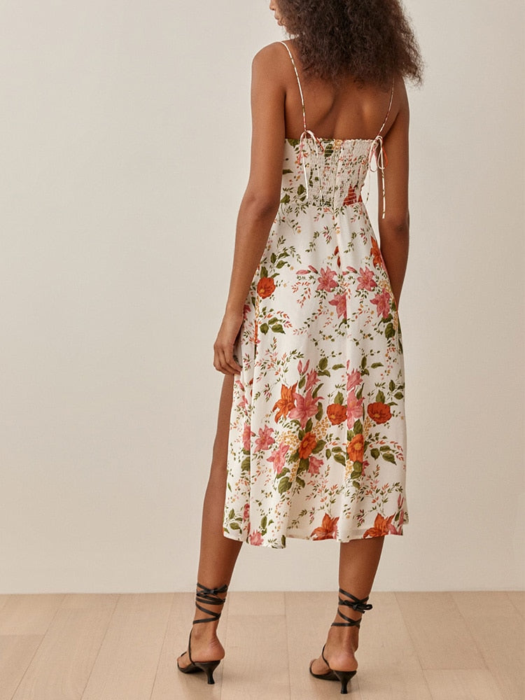 Elegant Vintage Floral Print Dress Sweetheart Neck Spaghetti Strap Midi Dress With Slit Sundress