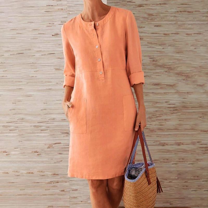 Long Sleeve Cotton and Linen Tunic Dress ``