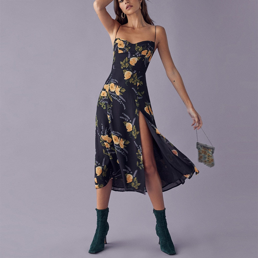 Elegant Vintage Floral Print Dress Sweetheart Neck Spaghetti Strap Midi Dress With Slit Sundress