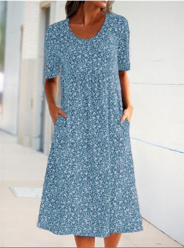 Casual Loose Floral Print Short Sleeve Midi Dress