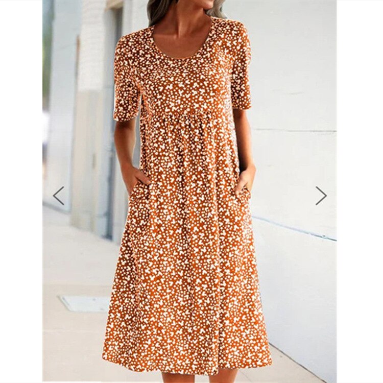 Casual Loose Floral Print Short Sleeve Midi Dress