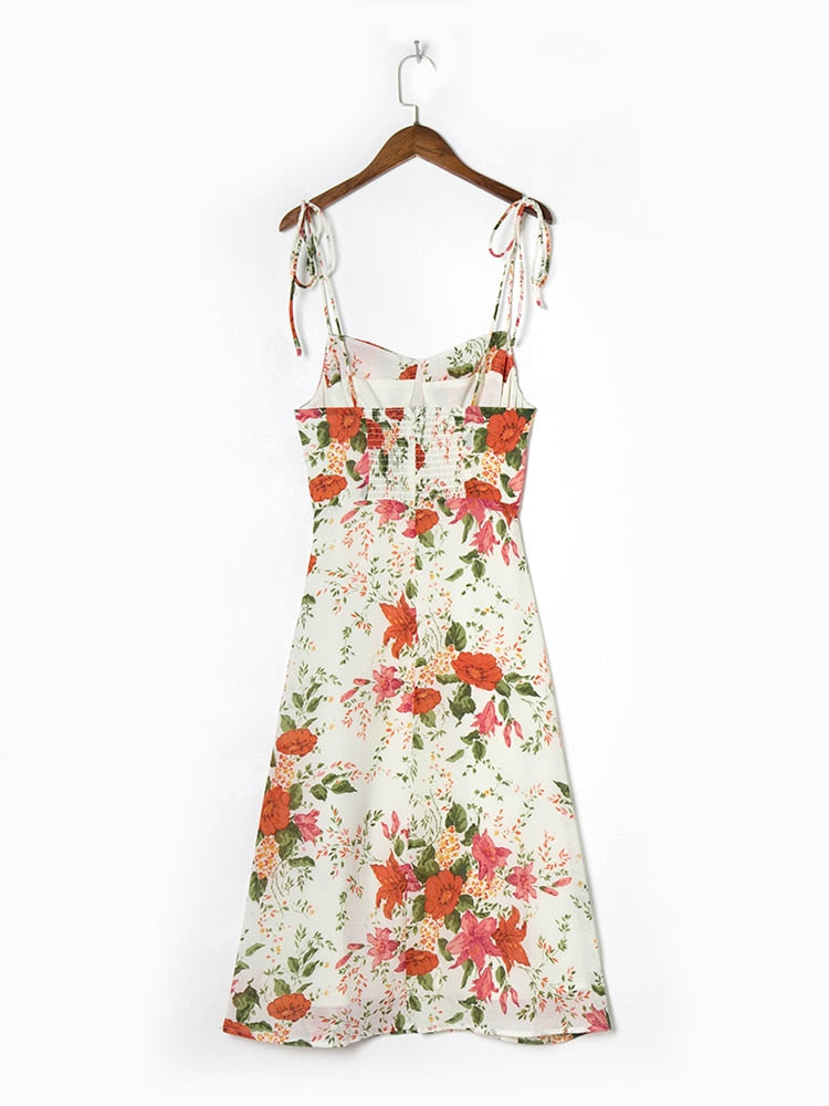 Elegant Vintage Floral Print Dress Sweetheart Neck Spaghetti Strap Midi Dress With Slit Sundress