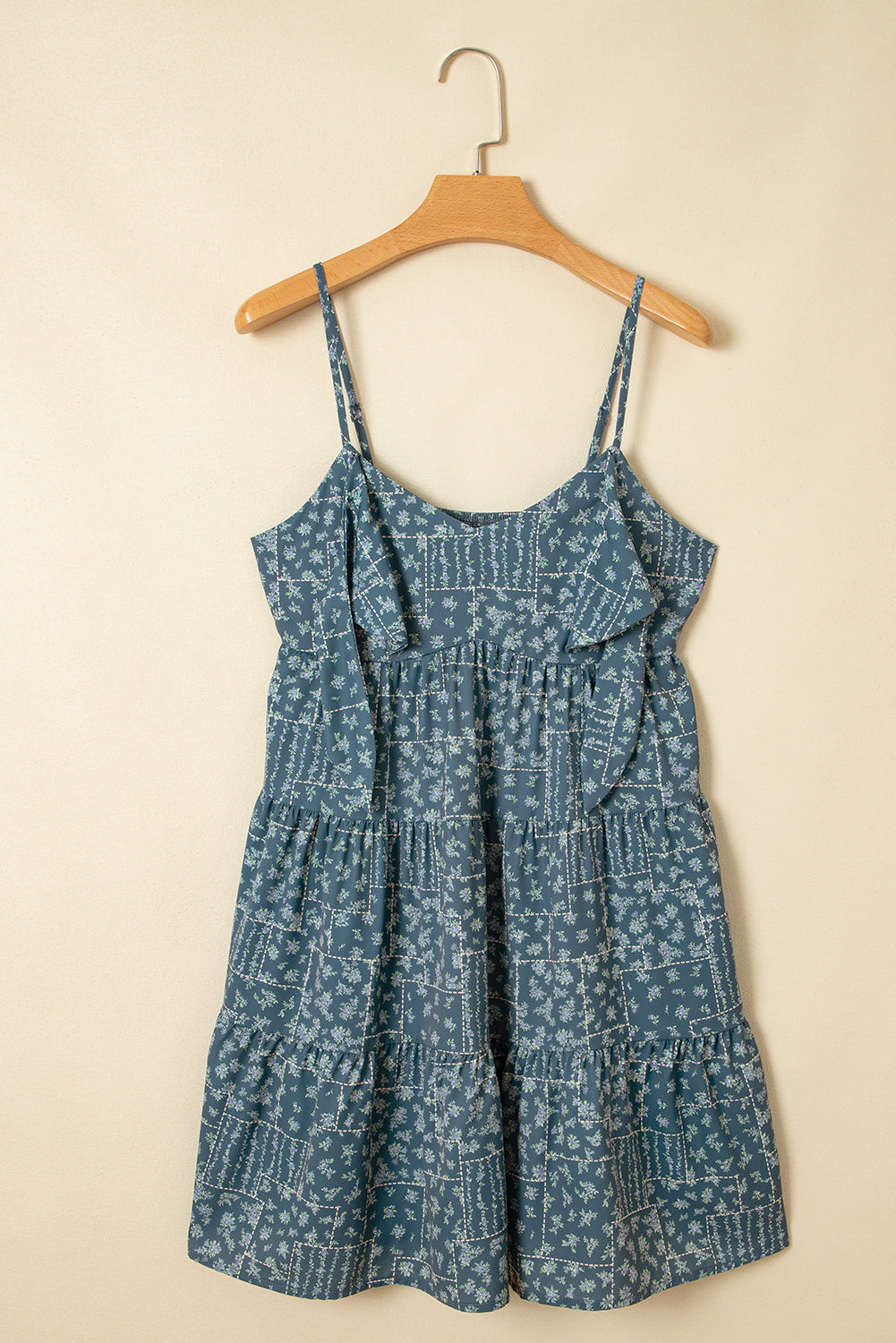 Blue Spaghetti Straps Floral Print Knot Detail High Waist Flared Dress