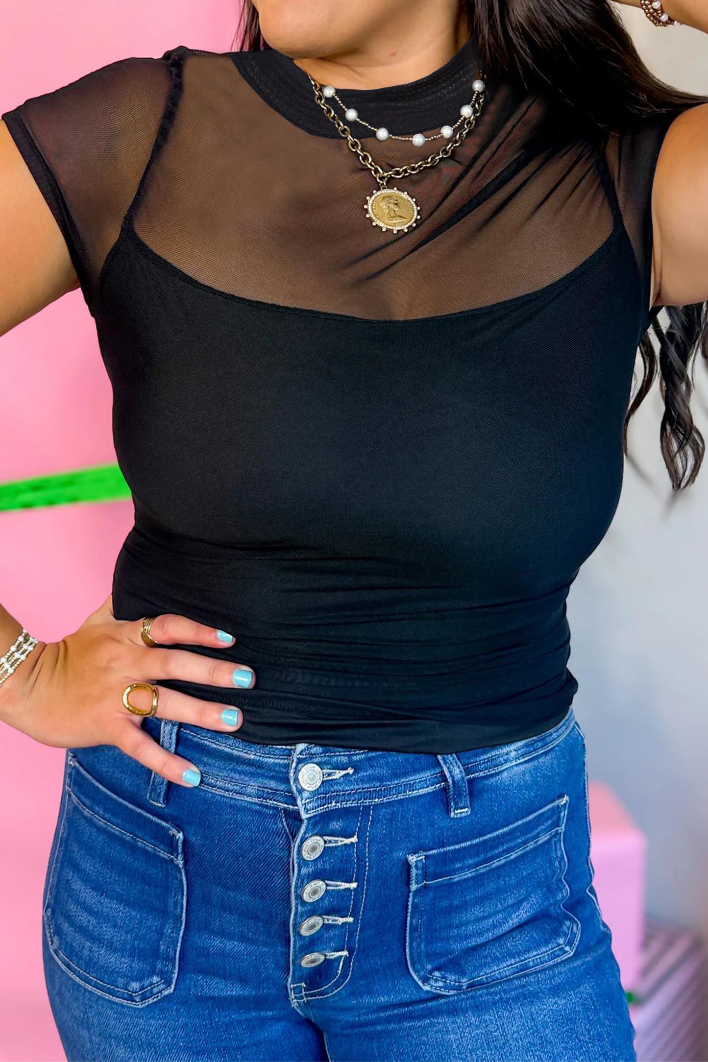 Black Sheer Mesh Patchwork Cap Sleeve T Shirt