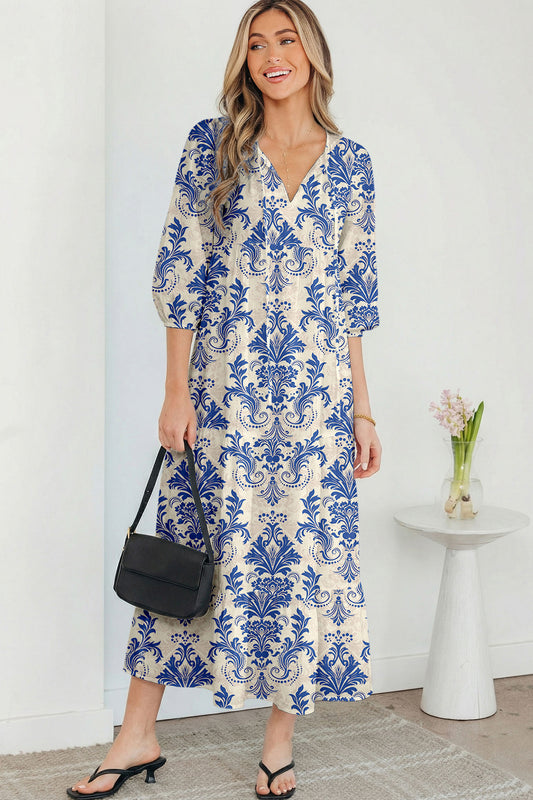 Sky Blue Boho Printed Half Sleeve Maxi Dress