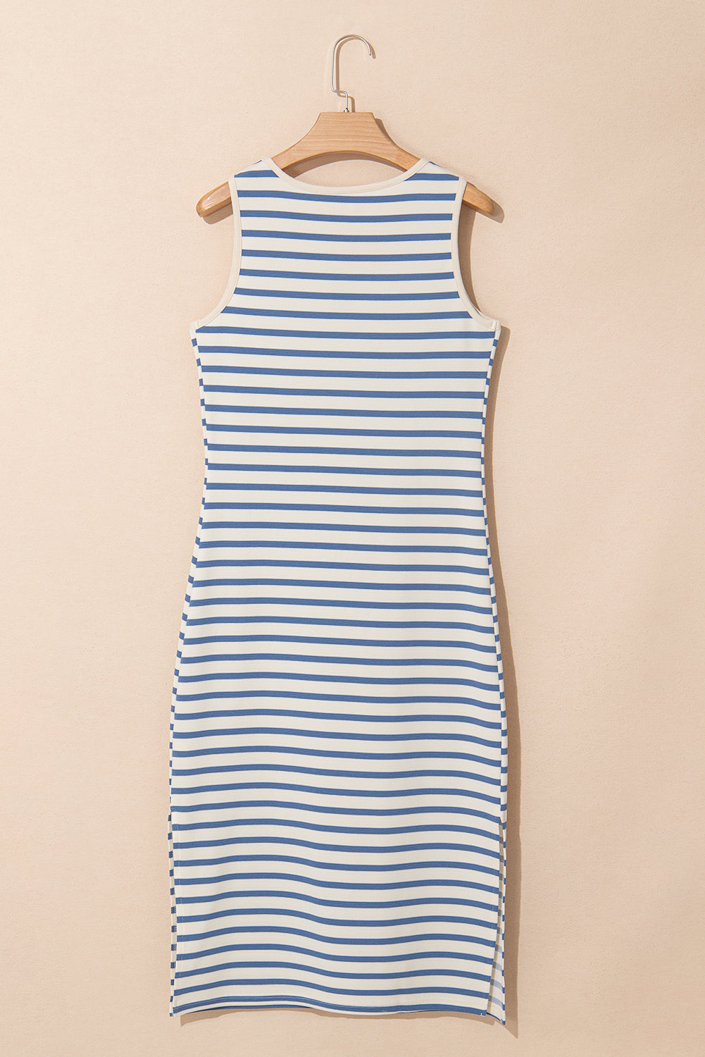 Sky Blue Stripe Tie V Neck Sleeveless Side Slit Midi Dress