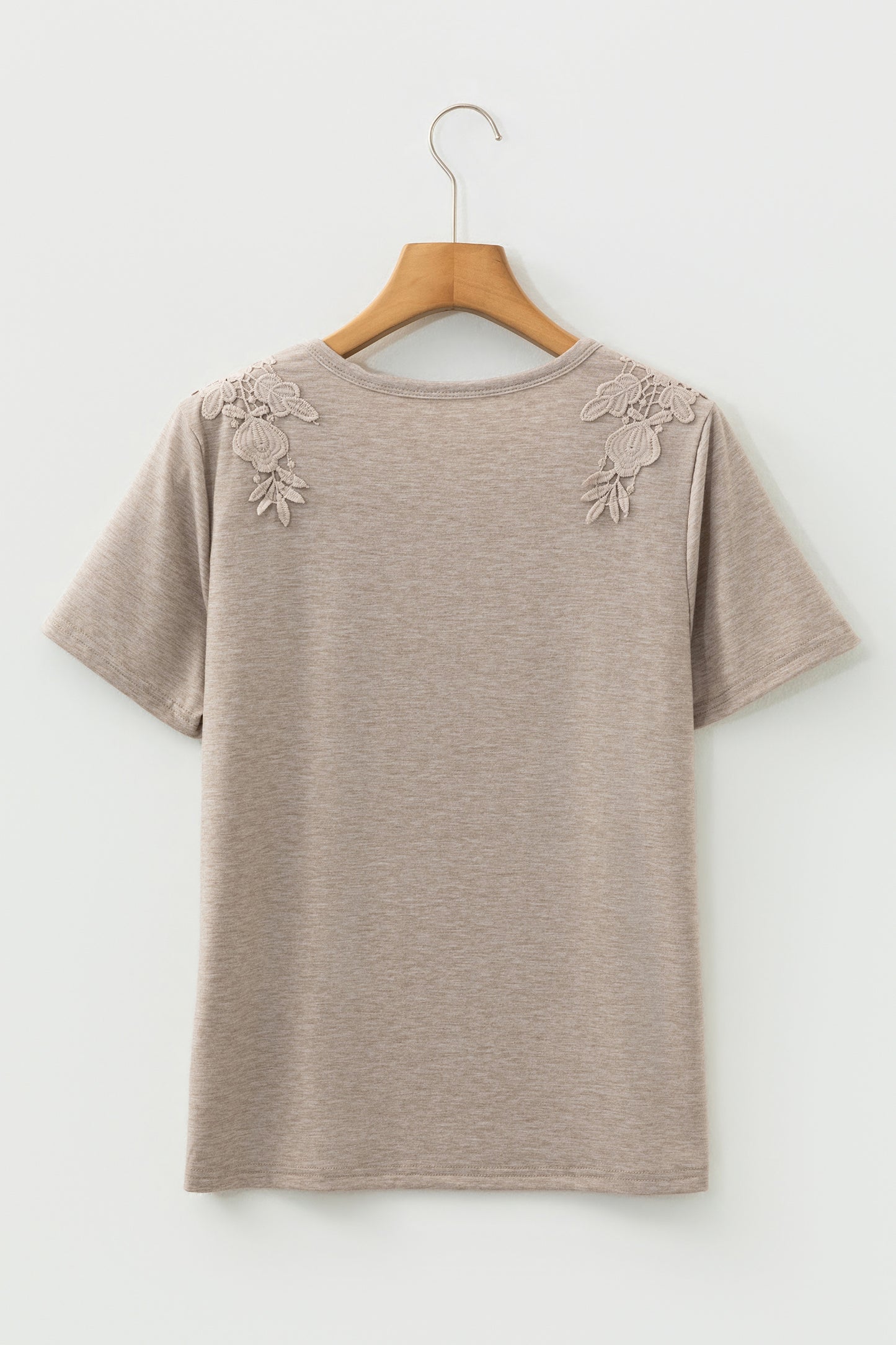 Smoke Gray Solid Color Lace Patched Detail Round Neck Tee