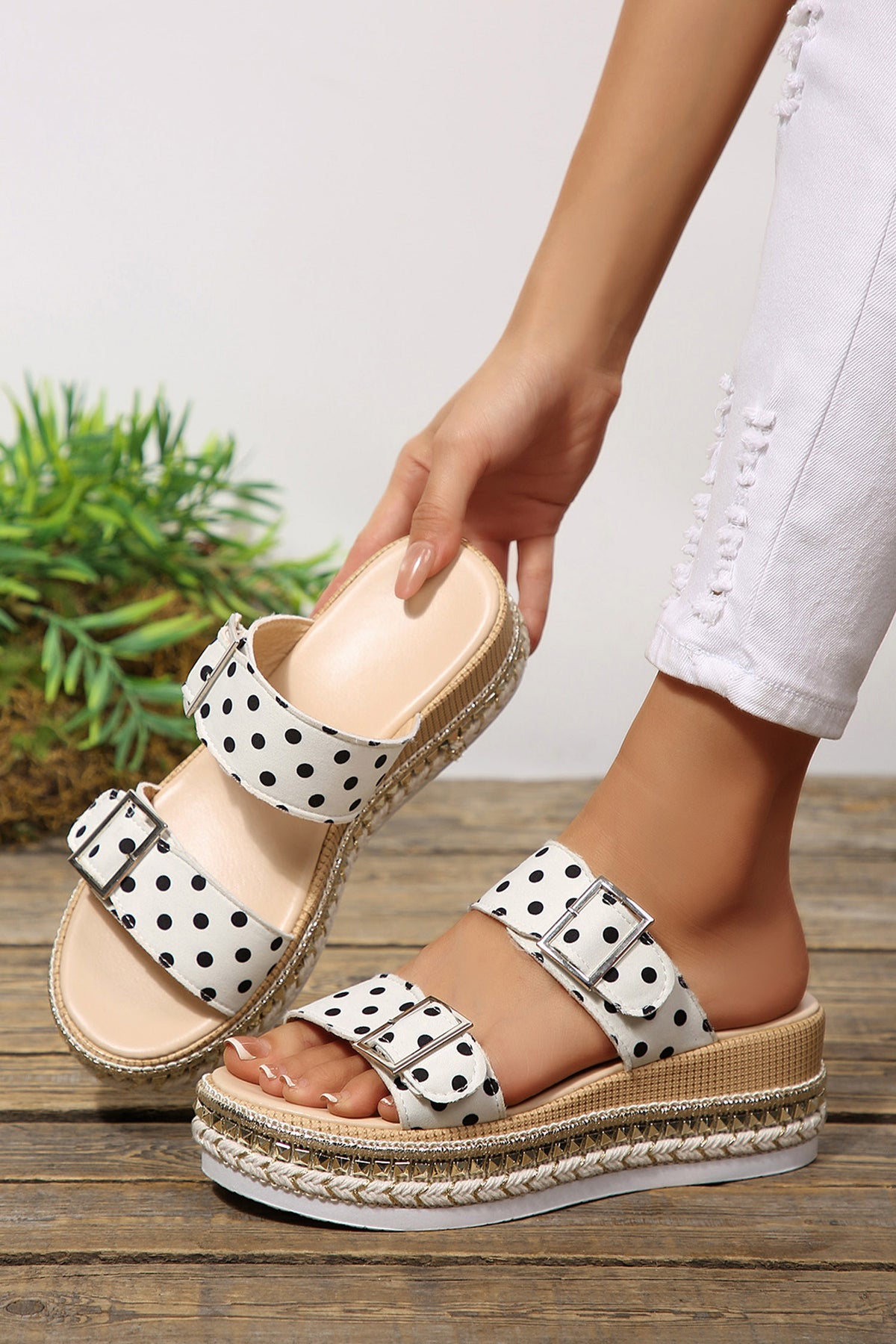 Color black Polka Dot Pattern Double Buckle Straps Hollow Out Platform Slippers