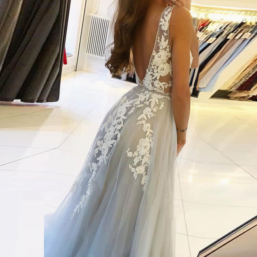 V Neck Long Prom Dress,For Women Gray Summer Backless