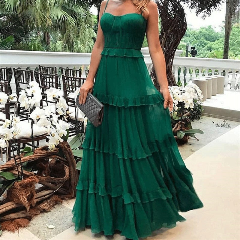 Green Tulle Spaghetti Strap,Pleated Ruffles Maxi Summer Dress