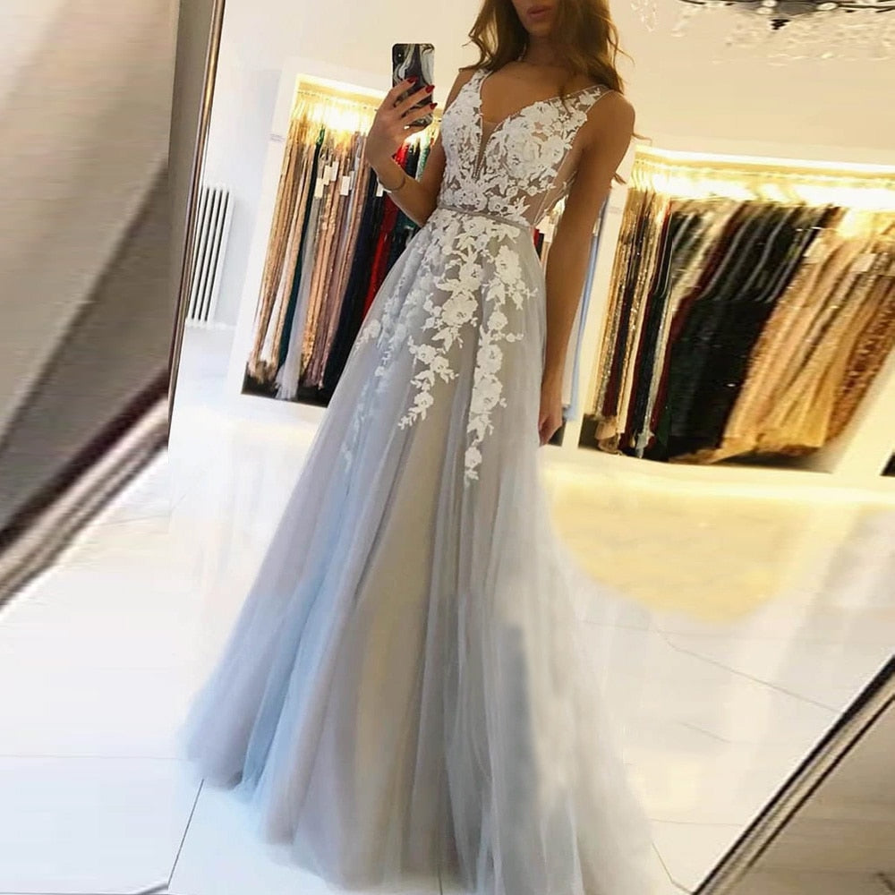 V Neck Long Prom Dress,For Women Gray Summer Backless