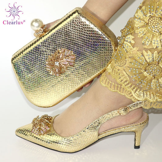 Gold color Italian Shoes With Matching Bags