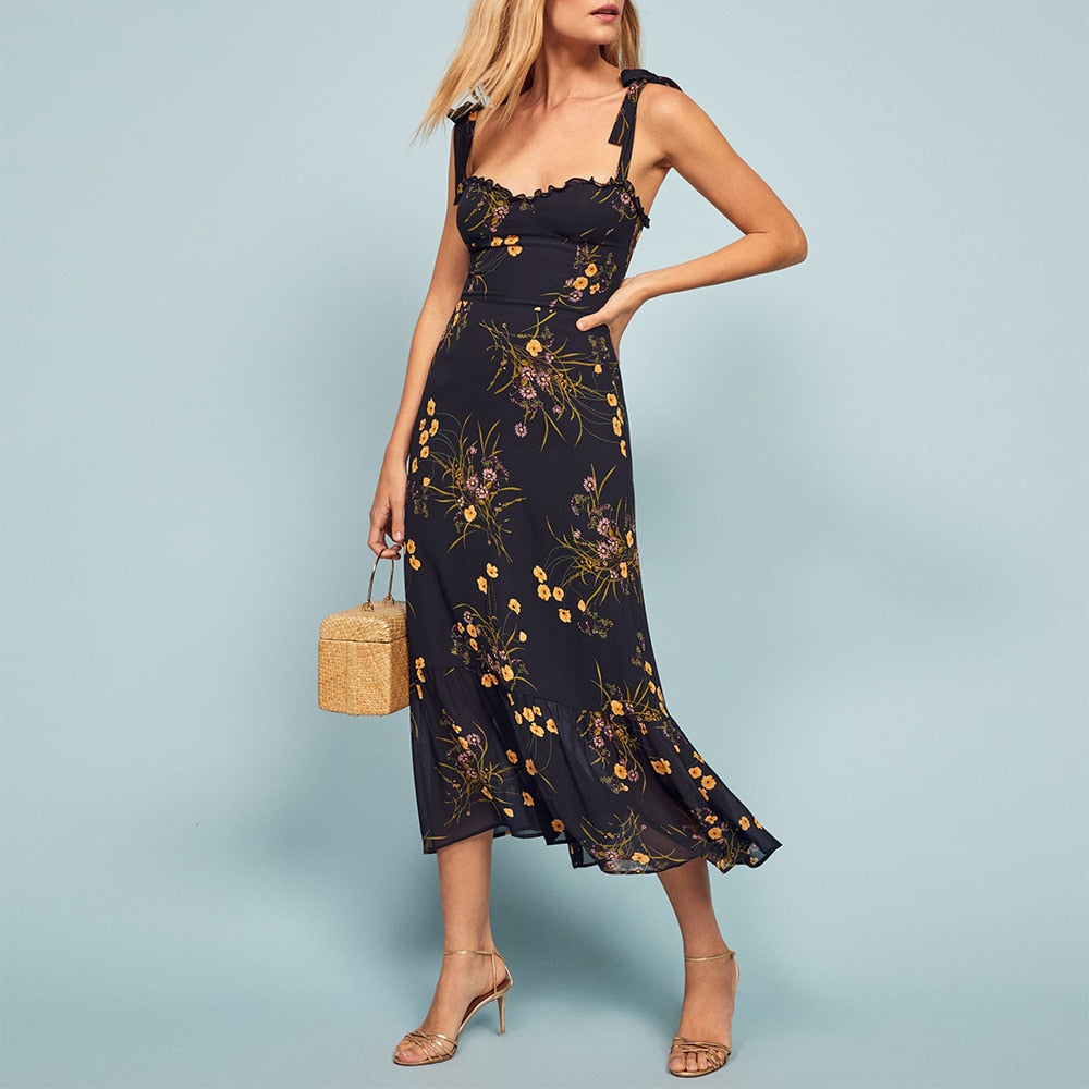 Ruffle Hem Floral Chiffon Midi Dress Frill Edge