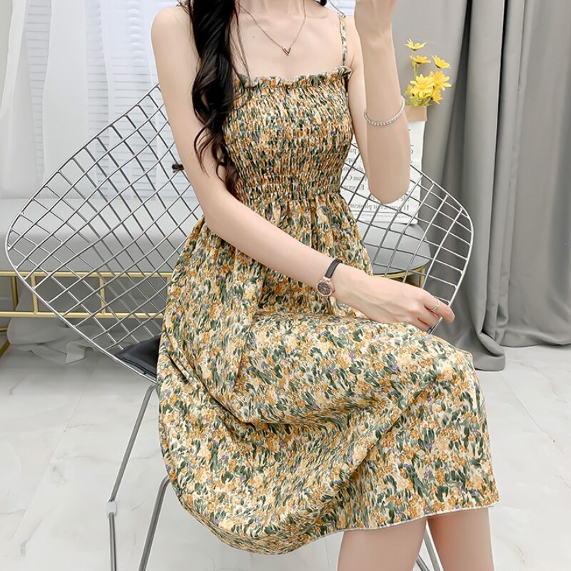 Spaghetti Strap Floral Printed  High Waist  Dress