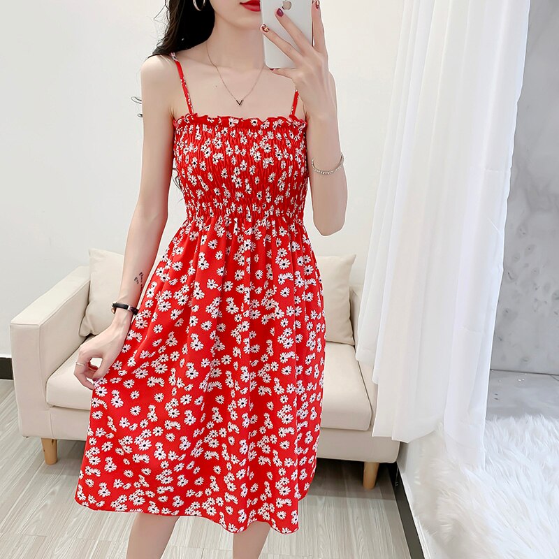 Spaghetti Strap Floral Printed  High Waist  Dress