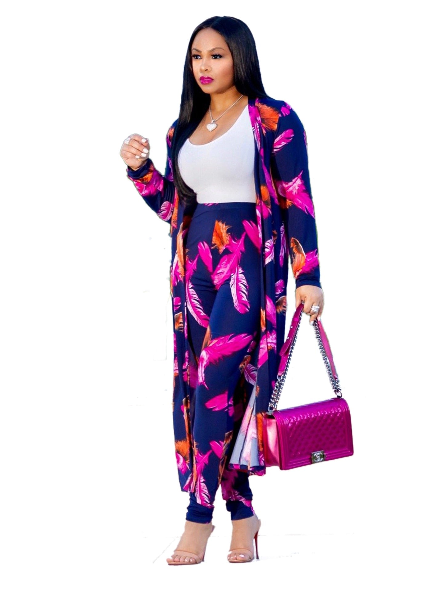 2 Piece Set Cardigan Long Trench Tops And Bodycon Pant Suit