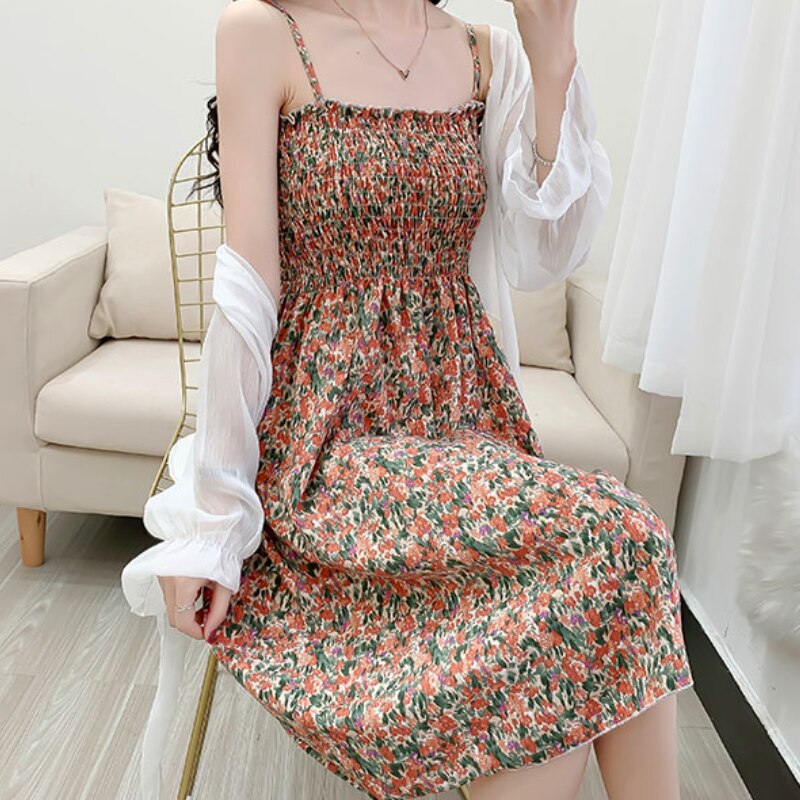 Spaghetti Strap Floral Printed  High Waist  Dress