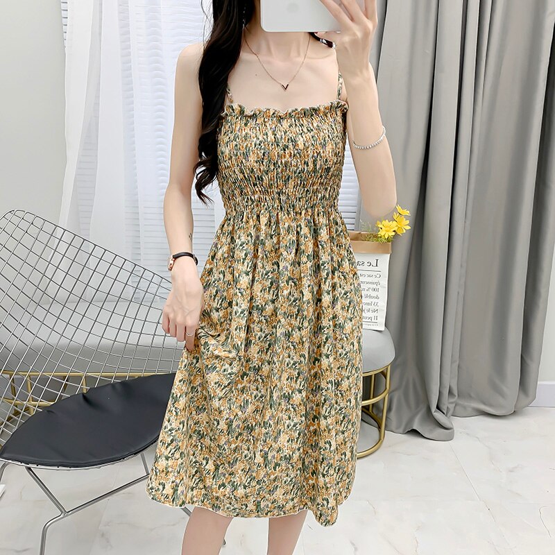 Spaghetti Strap Floral Printed  High Waist  Dress