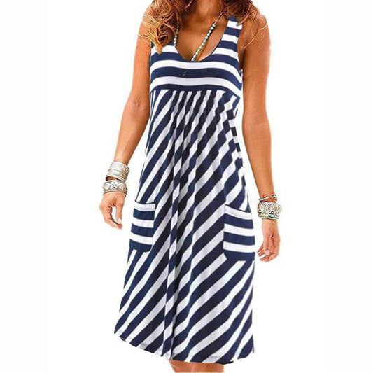 Fashion striped dress  loose simple sleeveless dress