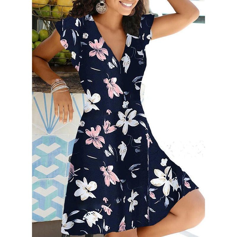 V Neck Floral Print Dress Women